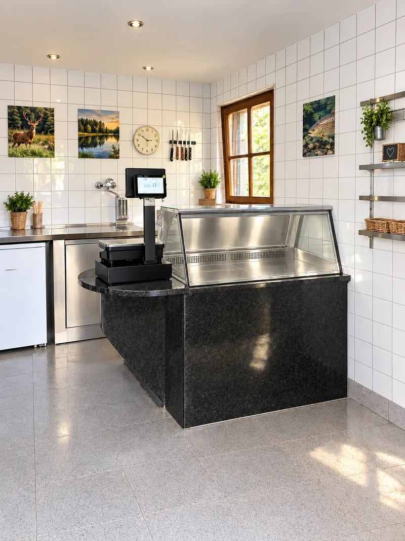 Heller Verkaufsraum mit Kühltheke, Waage und Bildern an der Wand