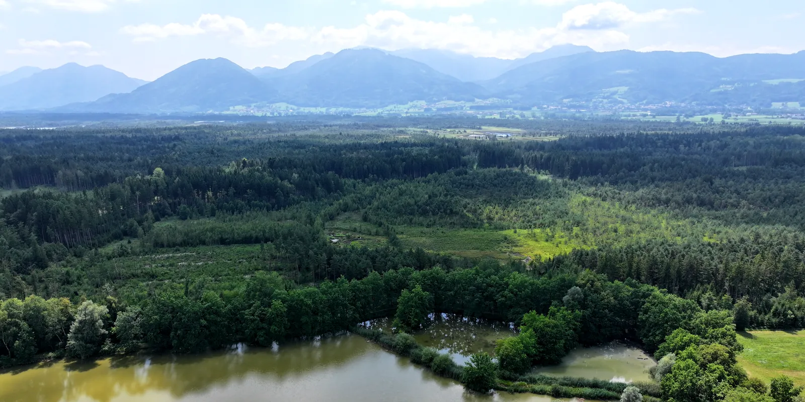 Die Wasserwiesen zwischen Bad Feilnbach und Raubling von oben, im Hintergrund die Berge